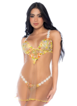 Nuisette transparente brodée jaune et string - MAL7608SUBS